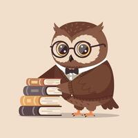 A wise owl wearing glasses and a bow tie stacks colorful books in a charming flat illustration vector