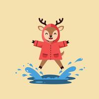 Happy cartoon deer splashing in water while wearing a red raincoat in flat art vector