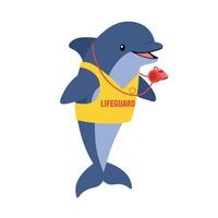 Dolphin in lifeguard uniform with whistle, bright colors, playful expression, flat art vector