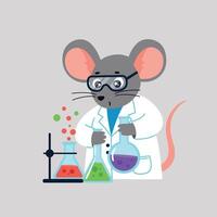 Cartoon mouse scientist wearing glasses in a lab coat conducting experiments with colorful beakers illustration vector