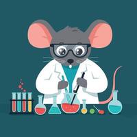A cartoon mouse in a lab coat conducting experiments with colorful liquids in flat art vector