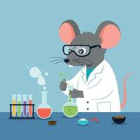 A cartoon mouse in a lab coat conducting experiments with colorful liquids in a flat illustration vector
