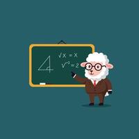 A cartoon sheep in a suit teaching math equations at a chalkboard in flat art vector