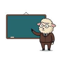 A sheep in a brown suit pointing at a chalkboard in a flat illustration vector