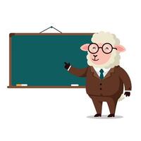 A sheep in a business suit teaching in front of a chalkboard in a flat illustration vector