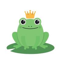 Green frog sitting on a lily pad wearing a crown in flat art vector