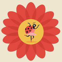 Ladybug dancing joyfully in a vibrant red flower, flat art vector