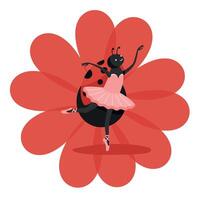 A joyful ladybug ballet dancer in a pink tutu performing on a vibrant red flower, flat art vector