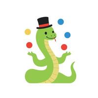 A playful green snake wearing a top hat juggling colorful balls in a whimsical flat illustration vector