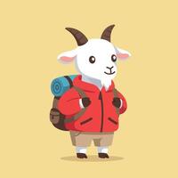 Adventurous goat wearing a red jacket and backpack in flat art vector