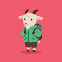 Cartoon goat character wearing a green jacket with a backpack in a playful, flat illustration vector