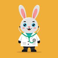 Cute cartoon rabbit dressed as a doctor in a white coat with a stethoscope, flat art vector
