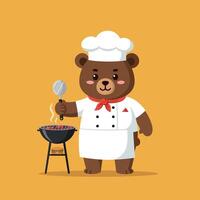 Bear chef in white uniform grilling on barbecue with a spatula in flat art vector