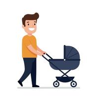 Happy father pushing a stroller in a minimal and colorful illustration vector