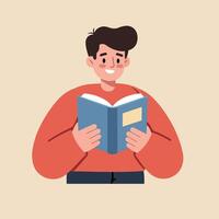 A cheerful young man reading a book in a flat design style illustration vector