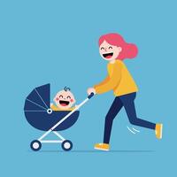 Happy mother pushing a stroller with a smiling baby in a flat illustration vector