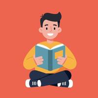 A cheerful boy sitting cross-legged reading a book in a flat illustration vector