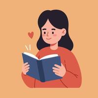A young woman reading a blue book with joy in a minimal flat design illustration vector