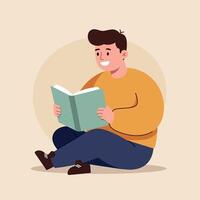 Young man sitting cross-legged on the floor, reading a book in a flat illustration vector
