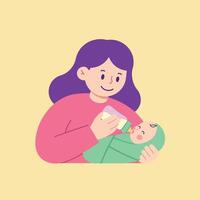 Caring mother feeding her baby with a bottle in minimal flat art vector