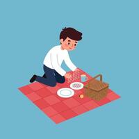 Young boy preparing a picnic on a red checkered blanket in flat art vector