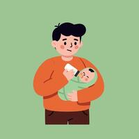 A father gently feeding his wrapped baby in a minimal, flat design illustration vector