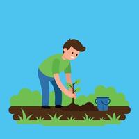 A young man planting a small tree in soil surrounded by greenery, flat illustration vector