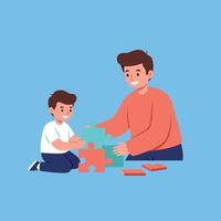 Father and son enjoying quality time while assembling colorful puzzle pieces in flat art vector