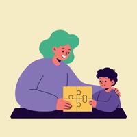 A cheerful woman and child assembling a colorful puzzle together in a flat illustration vector