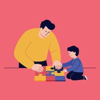 Father and son playing together with colorful puzzle pieces in a flat illustration vector