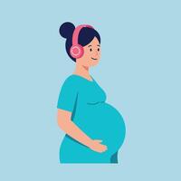 Pregnant woman smiling while listening to music in a flat illustration vector