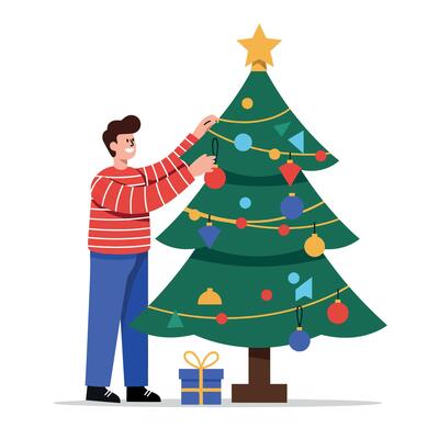 A cheerful man decorating a Christmas tree in a flat illustration style with colorful ornaments and gifts