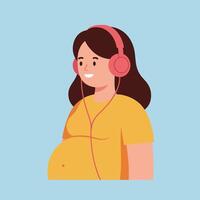 Pregnant woman smiling while listening to music in a flat art style vector
