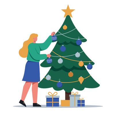 Woman decorating a Christmas tree with colorful ornaments in a flat illustration