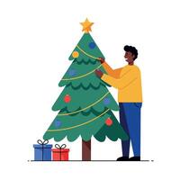 Man decorating a Christmas tree with colorful ornaments in a flat illustration vector
