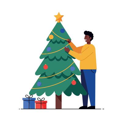 Man decorating a Christmas tree with colorful ornaments in a flat illustration