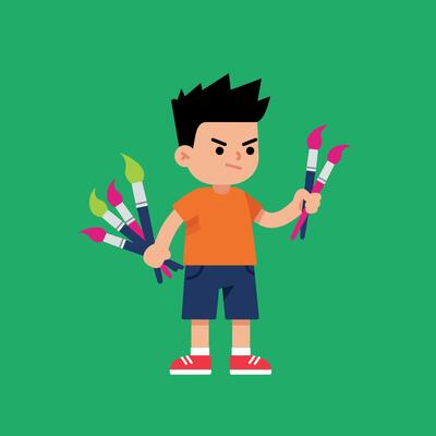 Determined boy holding paintbrushes in colorful art scene flat illustration