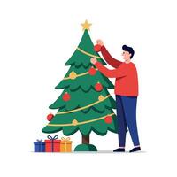 A cheerful man decorating a Christmas tree with ornaments in a flat, colorful art style vector