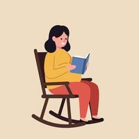 Pregnant woman relaxing in a rocking chair, reading a book, flat illustration vector