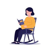 Woman in a yellow sweater reading a book while seated on a rocking chair, flat illustration vector