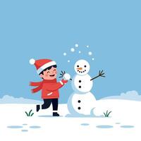 A cheerful child in a red winter outfit playing with a snowman in flat art vector