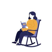 Woman reading a book while sitting in a rocking chair in a minimal illustration vector