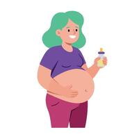 Pregnant woman smiling while holding a baby bottle in a flat design art vector
