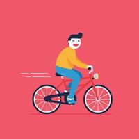 A happy young man riding a red bicycle with a cheerful expression in flat art vector