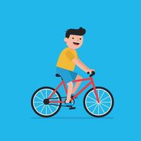 Cheerful boy riding a red bicycle in a flat illustration vector