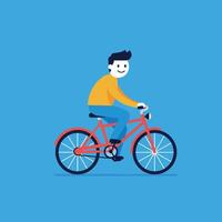 Cheerful young man riding a red bicycle in a flat style illustration vector