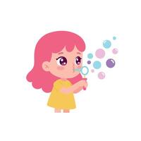 Young girl blowing colorful bubbles in a cheerful setting, flat illustration vector