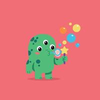 A cheerful green creature with three eyes blowing colorful bubbles in a flat art style vector