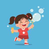 A cheerful girl in a red outfit joyfully blowing bubbles in a playful flat illustration vector
