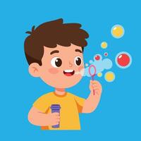 Happy child blowing bubbles with a bubble wand in a colorful flat illustration vector
